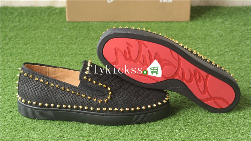 Christian Louboutin Low Spikes Python Leather Pik Boat Flat Black Casual Shoes Golden Rivets